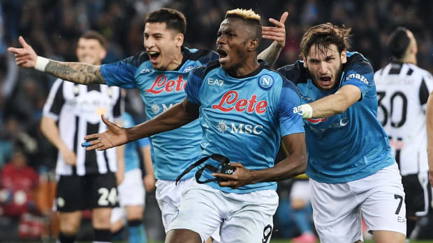 Napoli striker Victor Osimhen celebrates after scoring a goal as the club clinched the Serie A title.